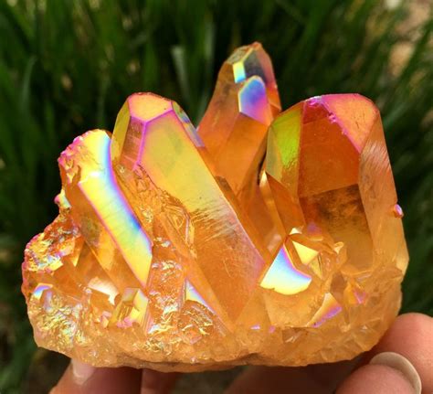 G Rare Yellow Rainbow Aura Quartz Crystal Healing Titanium Clusters