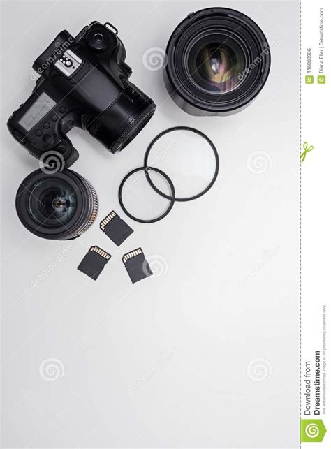 Dslr Camera Lenses Photo Equipment And Copy Space Over White T Stock