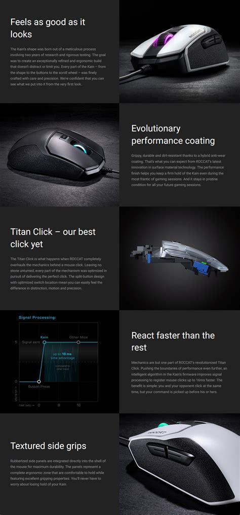The roccat kain 100 aimo has fewer features than the kain 120 and also 200, yet the exact same functional designs and switch layout. Buy Roccat Kain 100 AIMO RGB Gaming Mouse Black ROC-11-610-BK | PC Case Gear Australia