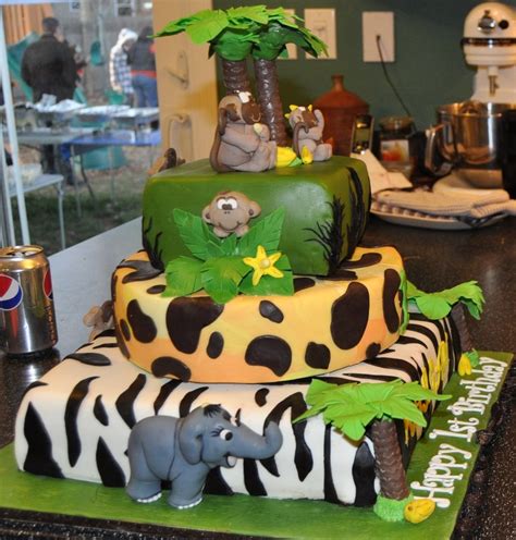 Junglemonkey Themed 3 Tiered 1st Birthday Cake