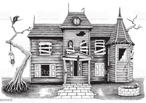 Ghost House Hand Drawing Vintage Style Isolate On White