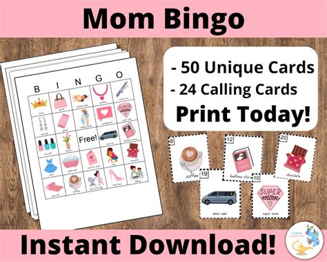 Mothers Day Bingo Cards 50 Printable Bingo Cards Mom Etsy