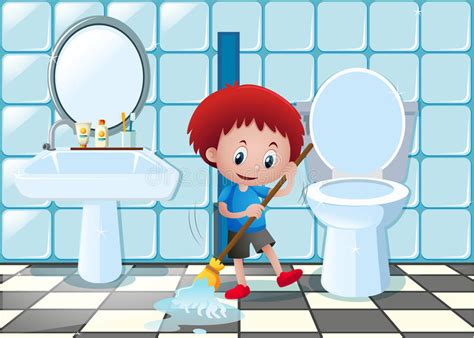 Little Boy Cleaning Bathroom Floor Stock Vector