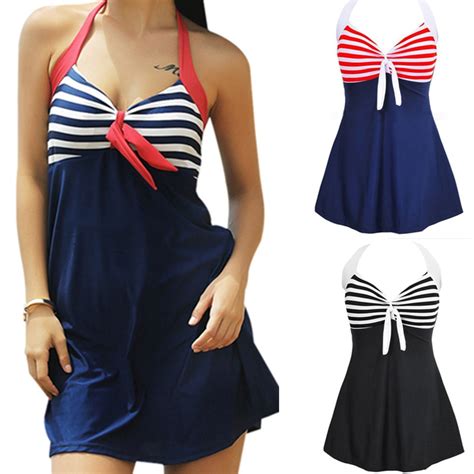 s 3xl plus size swimwear dress women one piece swim suit dress stripe padded halter skirt woman