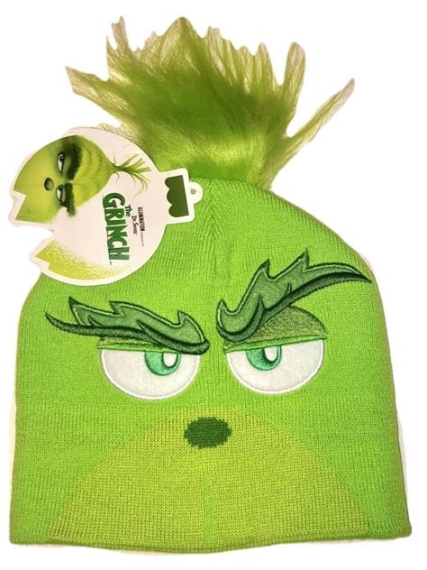Dr Seuss The Grinch 2018 Green Beanie Skull Hat With Hair New Unisex