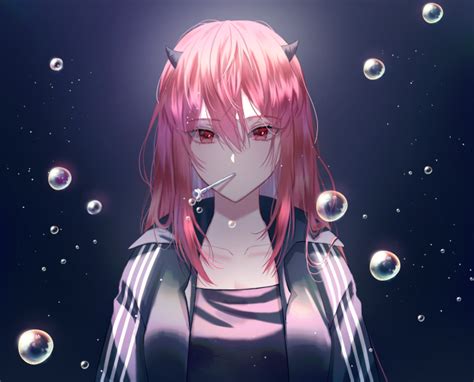 Wallpaper Pink Hair Anime Girl Horns Bubbles Jacket