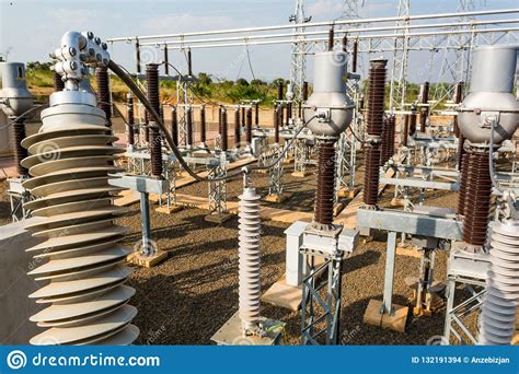 High Voltage Transformer Modern Substation Electrical Switchyard Stock