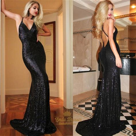 Black Sequin Spaghetti Strap Sleeveless Long Prom Dress With Open Back