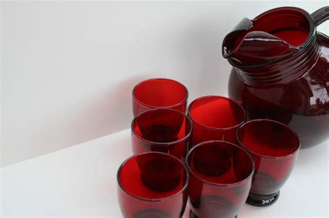 Vintage Royal Ruby Red Depression Glass Ball Tilt Pitcher And Juice Glasses
