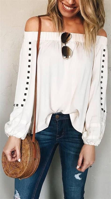Winter Outfits White Shoulderless Top Jeans Brown Bag Roupas