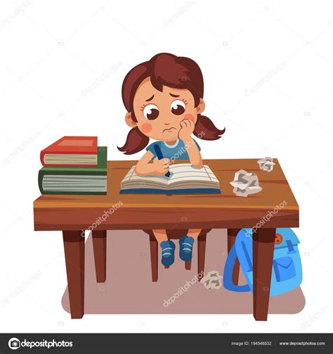 Sad Teenage Girl Doing Homework Cartoon