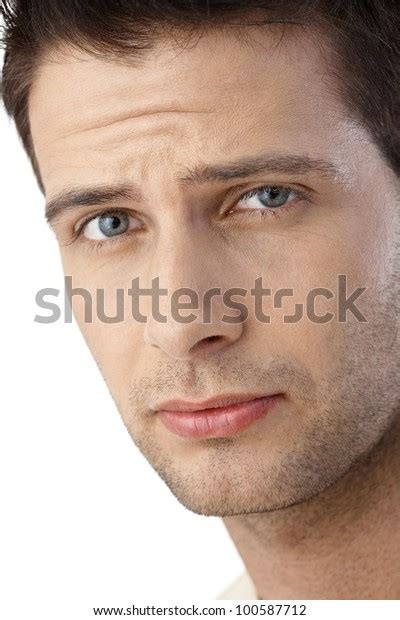 Closeup Facial Portrait Frowning Guy Looking Stock Photo 100587712