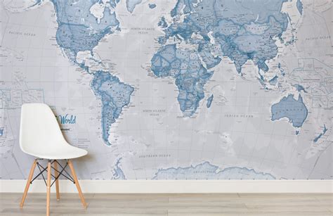 The World In Blue Map Wall Mural Custom Made To Suit Your Wall Size By