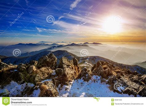 Winter Landscape With Sunset And Foggy In Deogyusan Mountains Korea