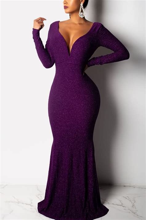 Purple Long Sleeve Plunging Backless Sexy Maxi Mermaid
