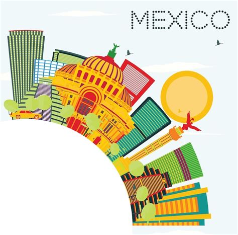 Premium Vector Mexico Skyline With Color Buildings Blue Sky And Copy