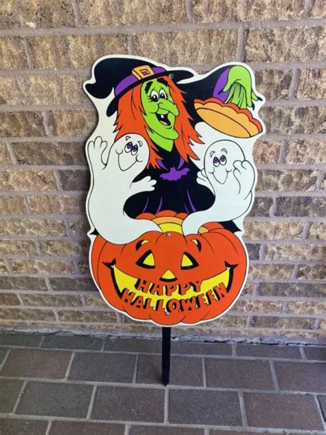Vintage Impact Plastics Halloween Yard Art Sign Stakes 1999 Witch And