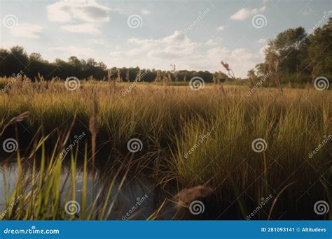 Marsh With Tall Grasses And Reeds Swaying In The Breeze Stock Image