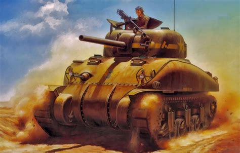 Wallpaper Art Painting Tank Ww2 M4a1 Sherman Images For Desktop