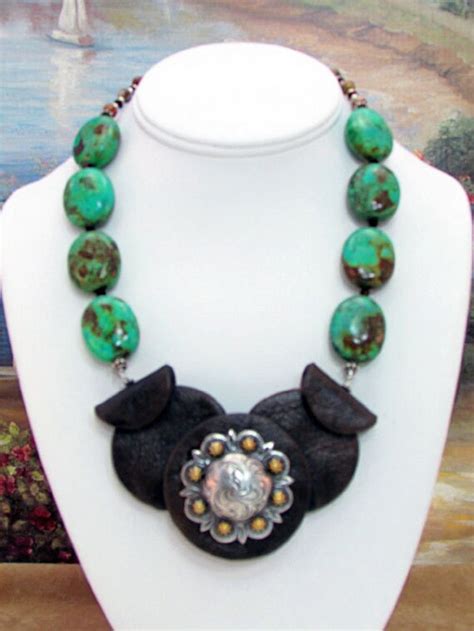 Turquoise Necklace With Faux Leather Pendant T20 By Daksdesigns