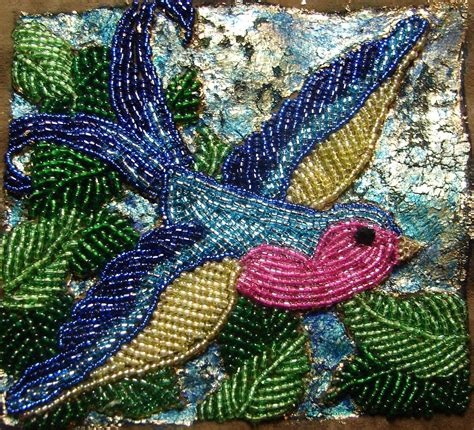 My Beaded Bluebird Of Happiness Seed Beads And Gold Leaf On Faux Suede Seed Bead Art