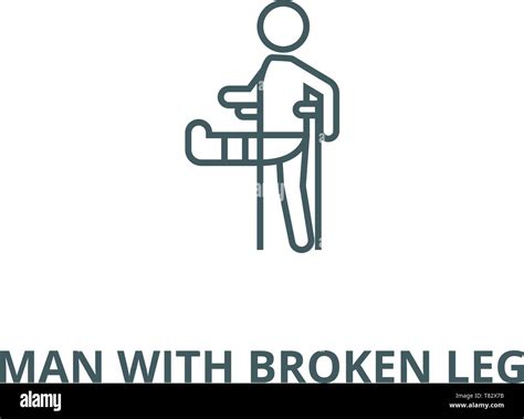 Man With Broken Leggypsum Foot Crutch Vector Line Icon Linear Concept