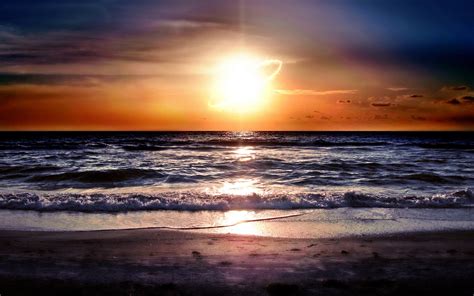 Wallpaper Sunlight Sunset Sea Shore Sand Reflection Sky Clouds