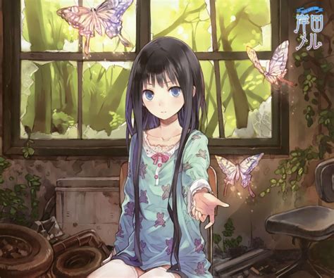 Black Hair Blue Eyes Long Hair Old Building Blue Dress Looking At Viewer Kami Sama No Memo Chou