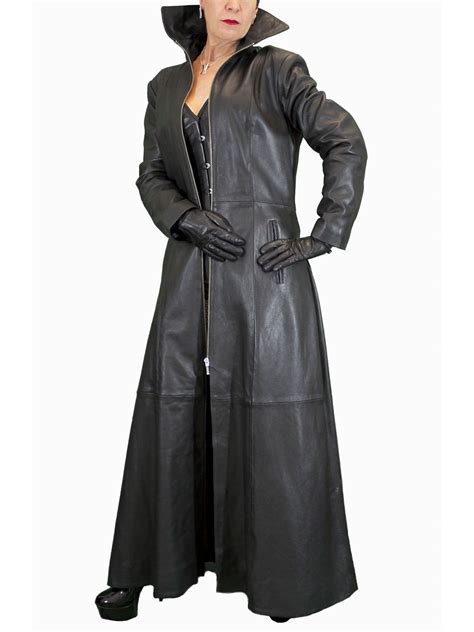 Ladies Long Black Leather Gothic Coat Red And Black Lining Leather