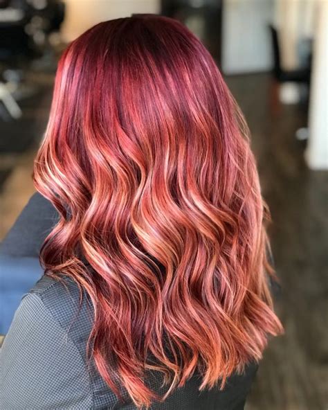 Beautiful blood red, crimson hair with blonde on top sent in by haleigh: 20 Hottest Red Hair with Blonde Highlights for 2020