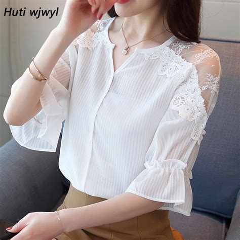 2018 spring summer white chiffon blouse new chic three quarter ladies casual eleganttops blusas