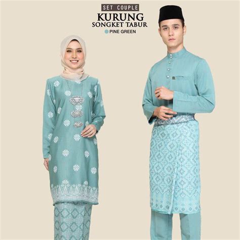 Sedondon Set Couple Baju Kurung Moden Songket Tabur And Baju Melayu Lelaki Dewasa Pine Green