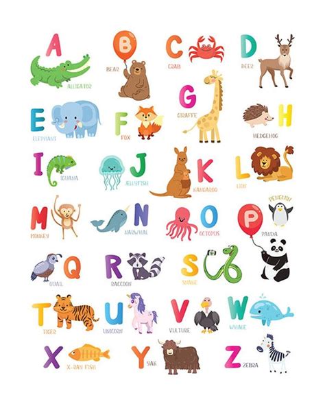 Animal Alphabet Printable Abc Print Chart Kids Wall Art Etsy Animal