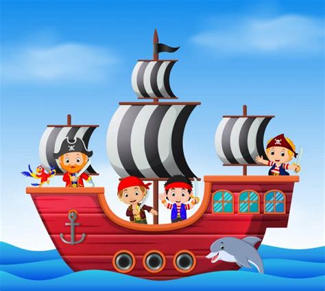 Children On Pirate Ship And Ocean Scene Pirate Ship Drawing Pirate
