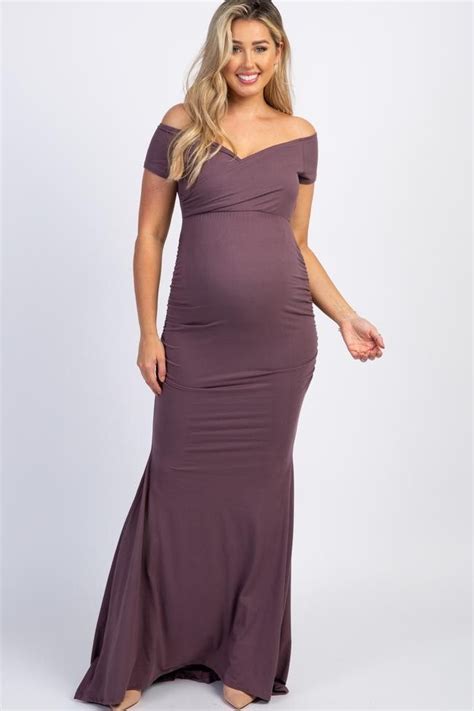 plum off shoulder wrap maternity photoshoot gown dress stylish maternity dress dress