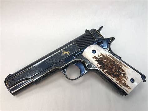 Colt 1911 Custom Engraved Gold Inlay Stag Grips Nitre Blue Small