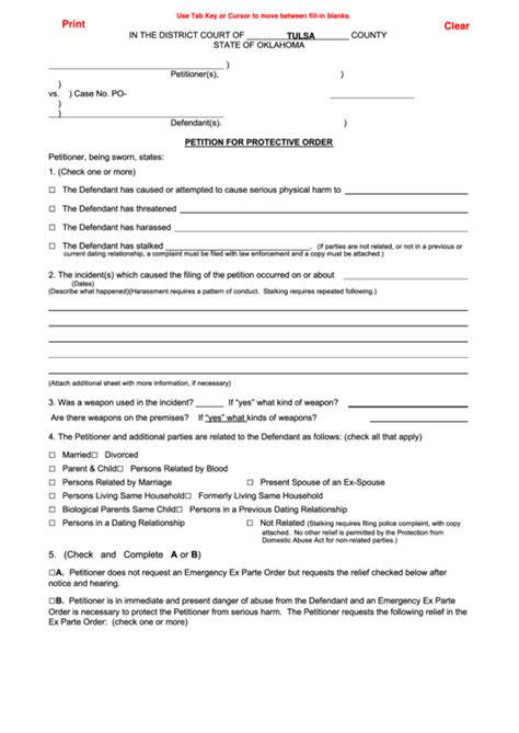 Fillable Petition For Protective Order Oklahoma District Court Aoc Form 67 Order Of