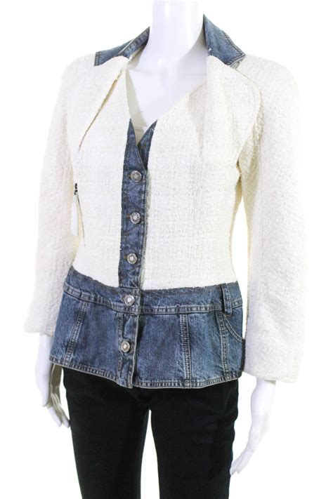 Christian Dior Boutique Womens Denim Tweed Jacket Ivory Blue Size 10 Ebay