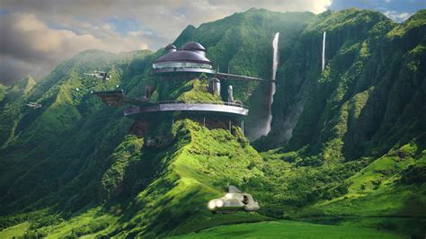 Landscape Futuristic House Mountains Waterfall Science Fiction