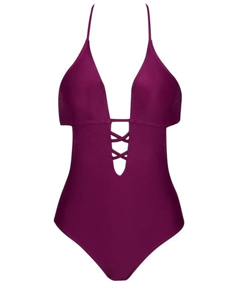Sexy Plunge One Piece Swimsuit Plum Halter Swimsuit For Women Purple C4189ho5lwt