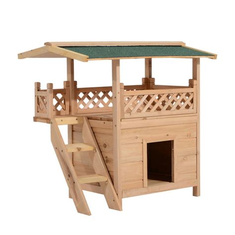 Pawhut 2 Story Indoor Outdoor Wooden Cat House Shelter With Balcony