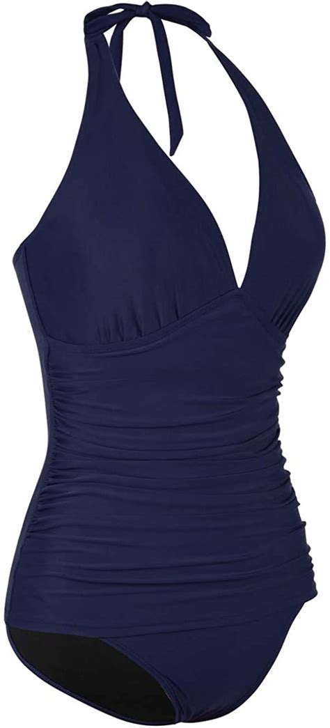 Womens Halter One Piece Swimsuits Shirred Tummy Control Navy Size 14