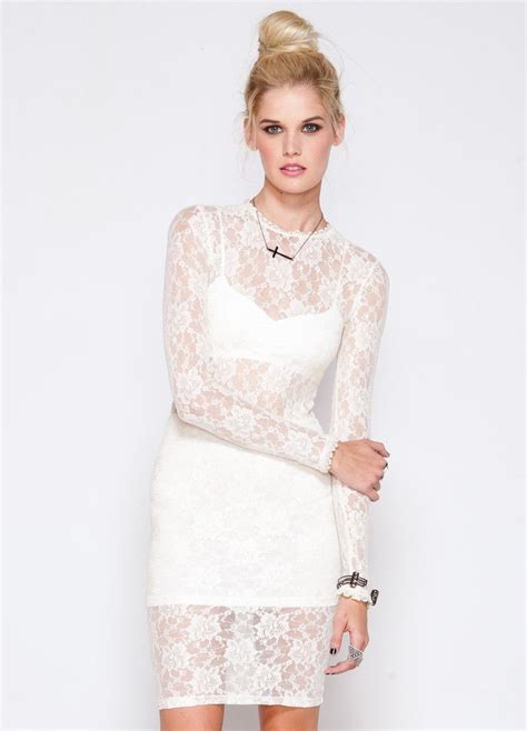 White Lace Long Sleeve Dress With Bralette And Slip Detail White Lace Long Sleeve Dress Dress