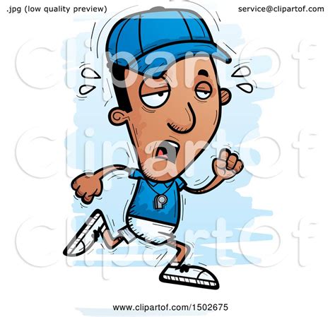 Clipart Of A Tired Running Black Male Coach Royalty Free Vector
