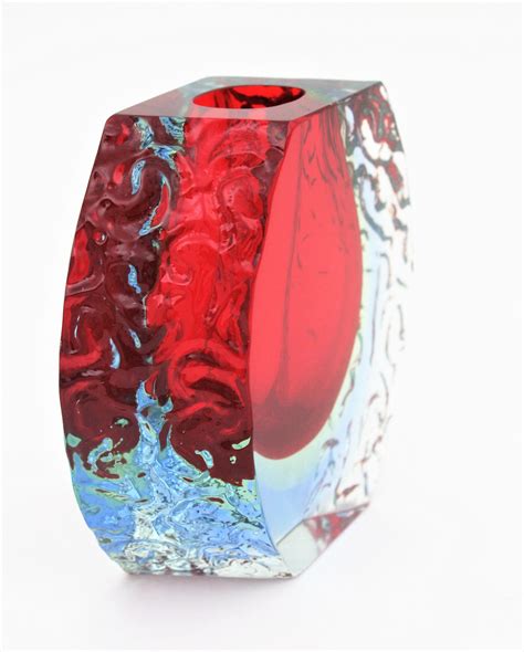 Large Mandruzzato Murano Faceted Textured Red Blue Yellow Sommerso Glass Vase At 1stdibs