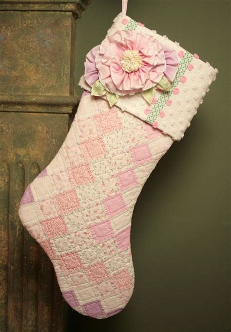 Sweet Pink Roses Postage Stamp Antique Quilt Christmas Stocking With