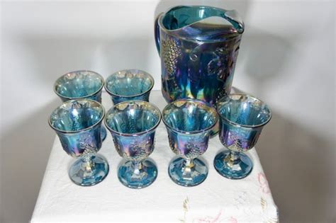 Vintage Blue Carnival Glass Iridescent Pitcher And 6 Goblets