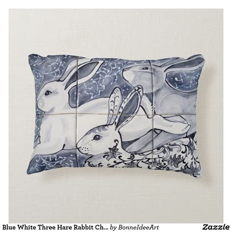 Blue White Three Hare Rabbit Chinoiserie Tile Art Accent Pillow