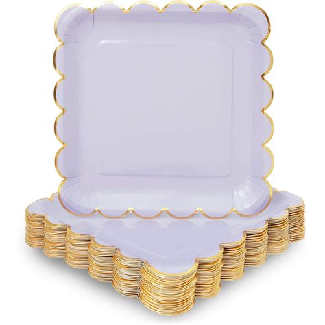 48 Pack Pastel Purple And Gold Square Disposable Paper Dinner Plates With