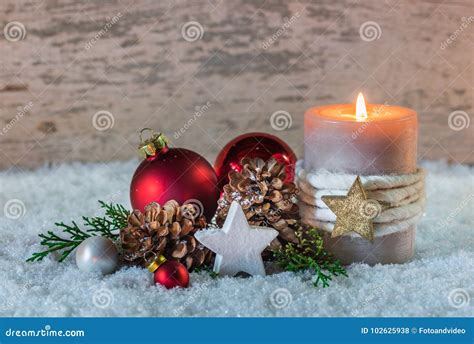 Christmas Or Advent Decoration With Candle And Snow Stock Photo Image